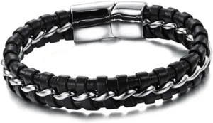 Black Leather Braided Bracelet for Men Stylish Silver Tone Stainless Steel Cuff Wristband Durable Accessory for Everyday Wear