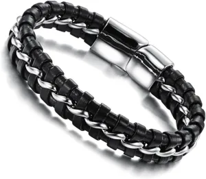 Black Leather Braided Bracelet for Men Stylish Stainless Steel Cuff Wristband present for Boyfriends and Friends Durable and Lightweight Design