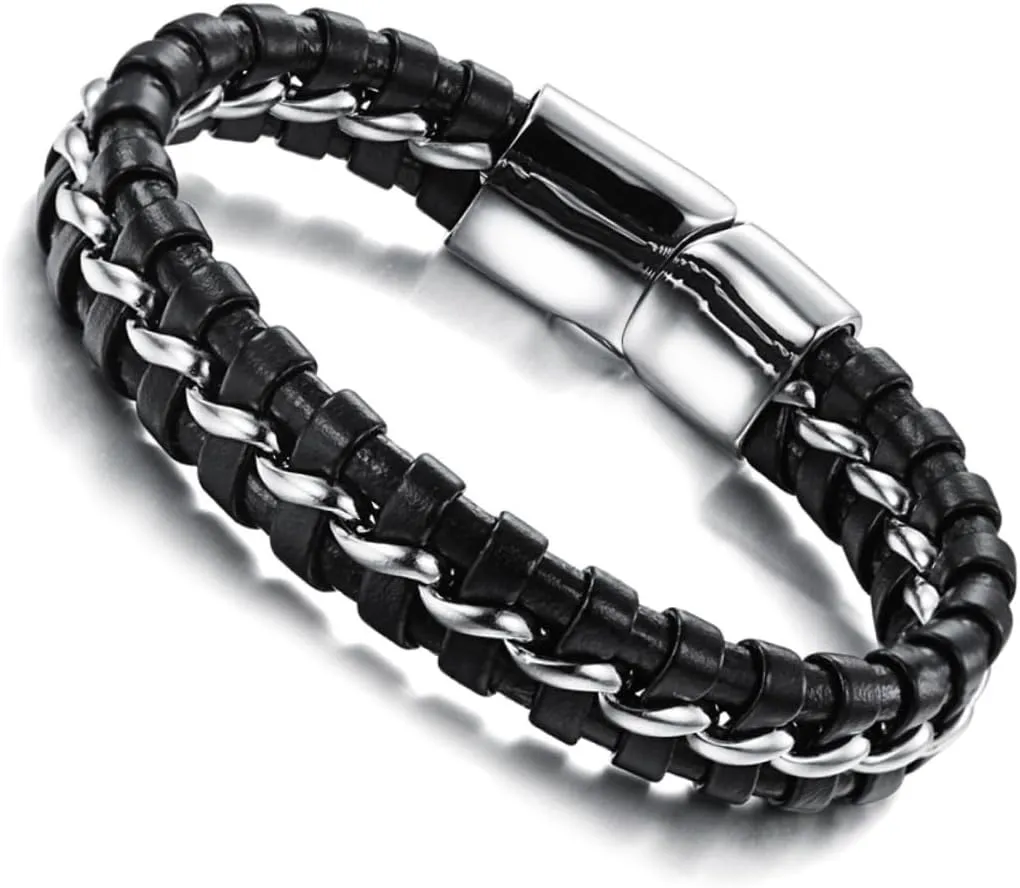 Black Leather Braided Bracelet for Men Stylish Stainless Steel Cuff Wristband present for Boyfriends and Friends Durable and Lightweight Design