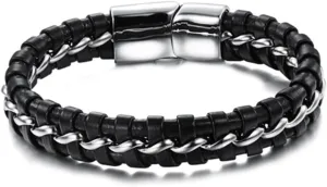 Black Leather Braided Men's Bracelet with Silver Tone Stainless Steel Cuff Design Stylish Wristband for Casual Formal Wear present for Fathers Boyfriends and Friends