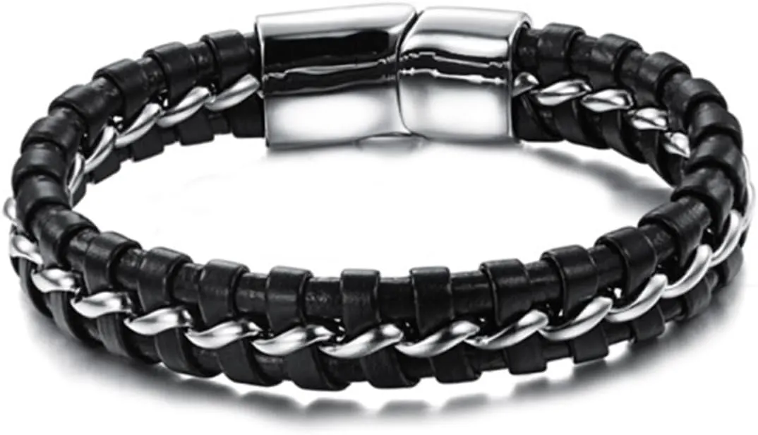 Black Leather Braided Men's Bracelet with Silver Tone Stainless Steel Cuff Design Stylish Wristband for Casual Formal Wear present for Fathers Boyfriends and Friends