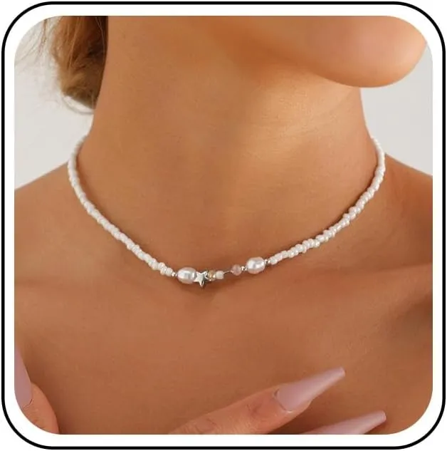 Bohemian Pearl Rice Bead Choker Necklace White Seed Bead Collar Necklaces Silver Metal Star Chain Necklace Minimalist Baroque Pearl Necklaces Jewelry for Women