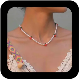 Bohemian Strawberry Pearl Choker Necklace Red Strawberry Fruit Collar Necklaces Small Pearl Bead Chain Necklaces Strawberry Polymer Clay Collar Necklace Jewelry for Women
