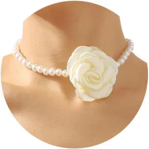 Boho Flower Pearl Choker Necklace for Women Choker,Rose Flower Pearl Beaded Necklace Collar Pearl Trendy Bride Jewelry Gifts