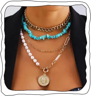 Boho Layered Necklace for Women Turquoise Necklaces Long Dainty Necklace Gold Starfish Necklaces Sequin Choker Necklace Summer Jewelry