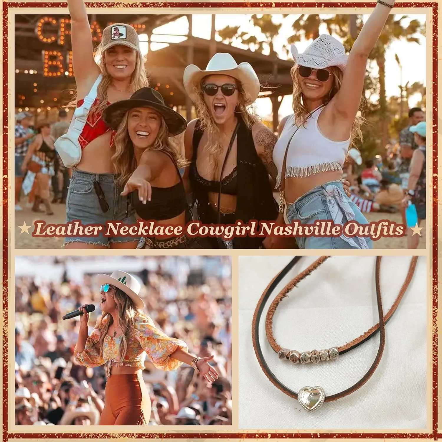 Boho Necklaces for Women Country Concert Outfits Nashville Western Outfit for Women Choker Necklaces Long Leather Necklace Western Dress Jewelry Country Cowgirl Accessories Gifts