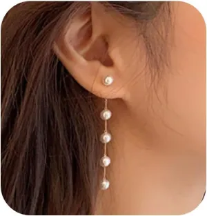 Boho Pearl Dangle Drop Earrings Vintage Long Tassel Pearl Earrings Bridal Tiny Pearl Chain Earrings Statement Wedding Pearl Chain Earrings Earrings for Women