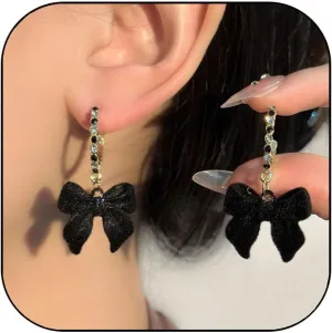 Bow Earrings for Women Pearl Stud Earrings Black Pearl Bow Dangle Drop Earring Trendy Flocking Tassel Jewelry Gifts for Women