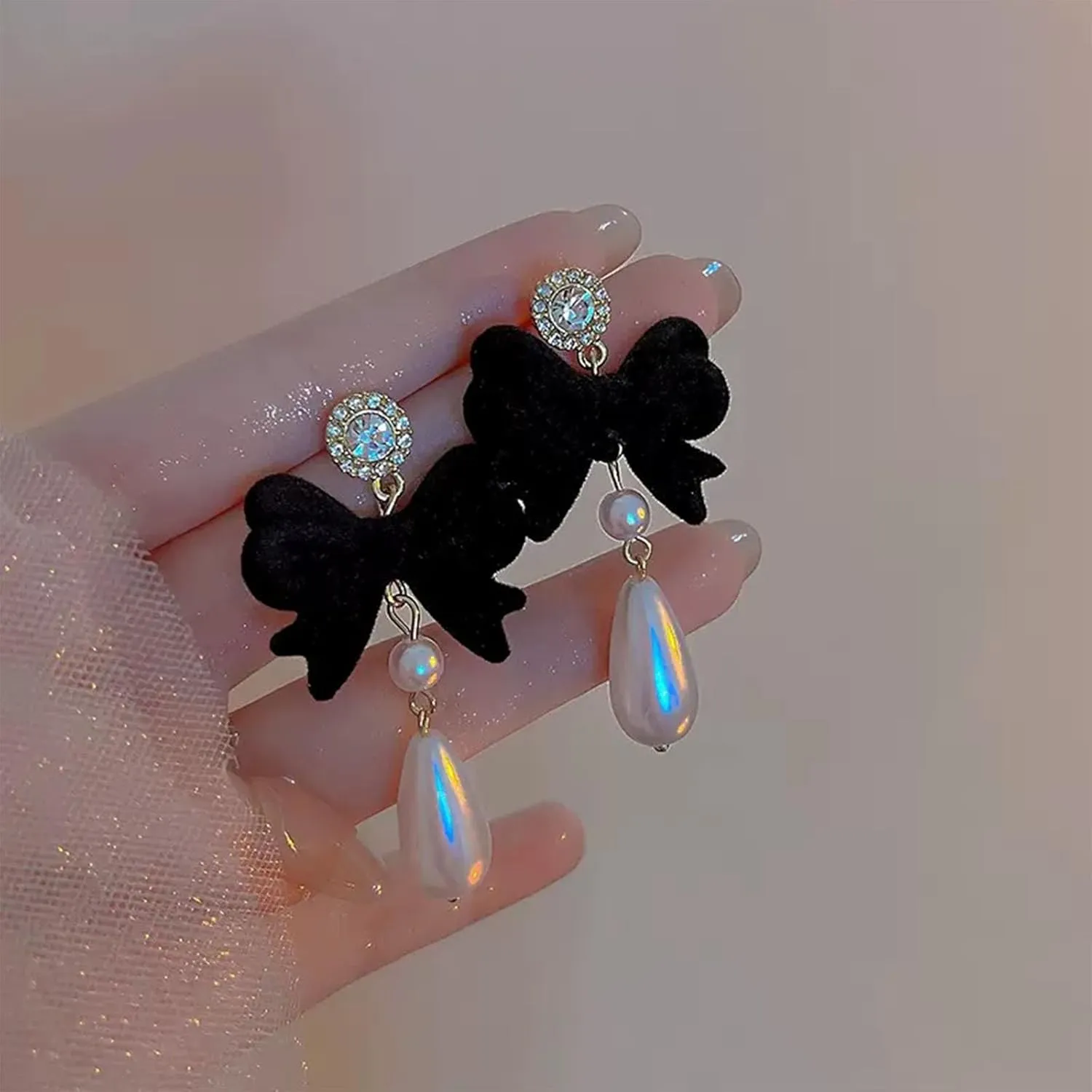 Bow Earrings for Women Pearl Stud Earrings Black Pearl Bow Dangle Drop Earring Trendy Flocking Tassel Jewelry Gifts for Women