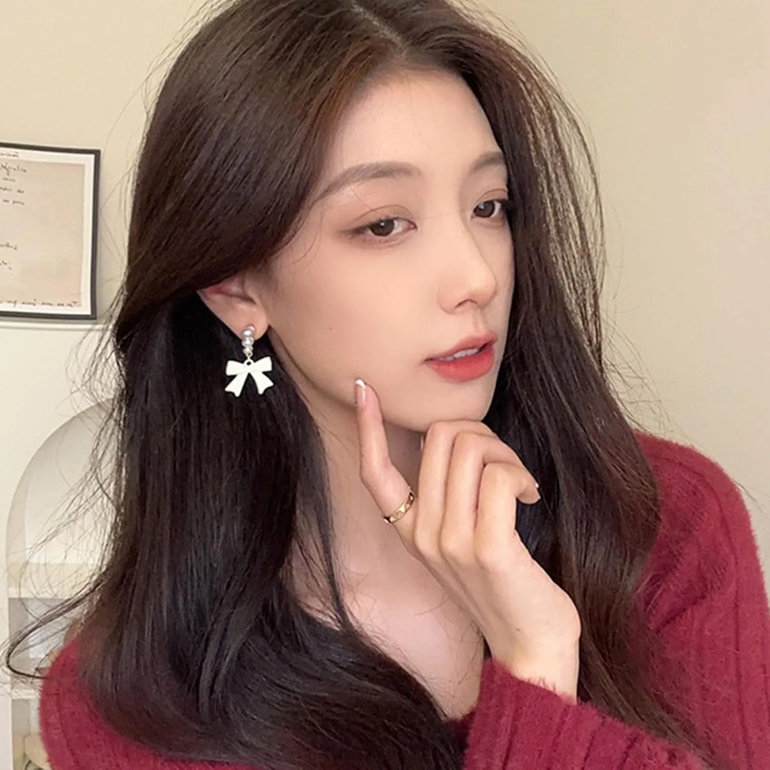 Bow Earrings for Women Pearl Stud Earrings Black Pearl Bow Dangle Drop Earring Trendy Flocking Tassel Jewelry Gifts for Women