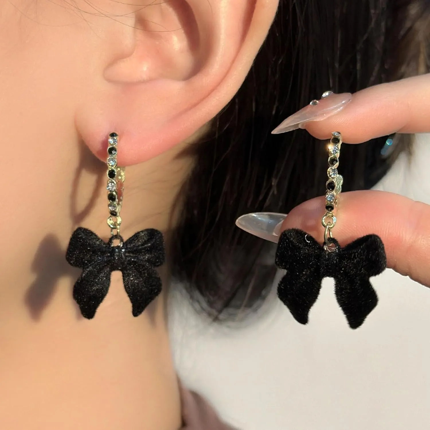 Bow Earrings for Women Pearl Stud Earrings Black Pearl Bow Dangle Drop Earring Trendy Flocking Tassel Jewelry Gifts for Women