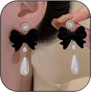 Bow Earrings for Women Pearl Stud Earrings Black Pearl Bow Dangle Drop Earring Trendy Flocking Tassel Jewelry Gifts for Women
