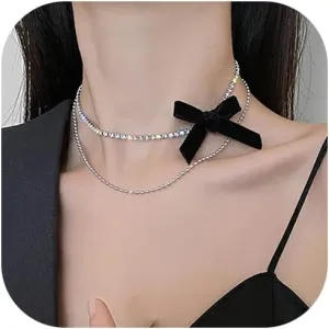 Bow Necklace Pearl Choker Necklace Dainty Silver Necklace Sparkly Rhinestone Necklace Cute Gold Chain Necklace Bowkont Pendant Necklace Birthday Wedding Jewelry Gifts