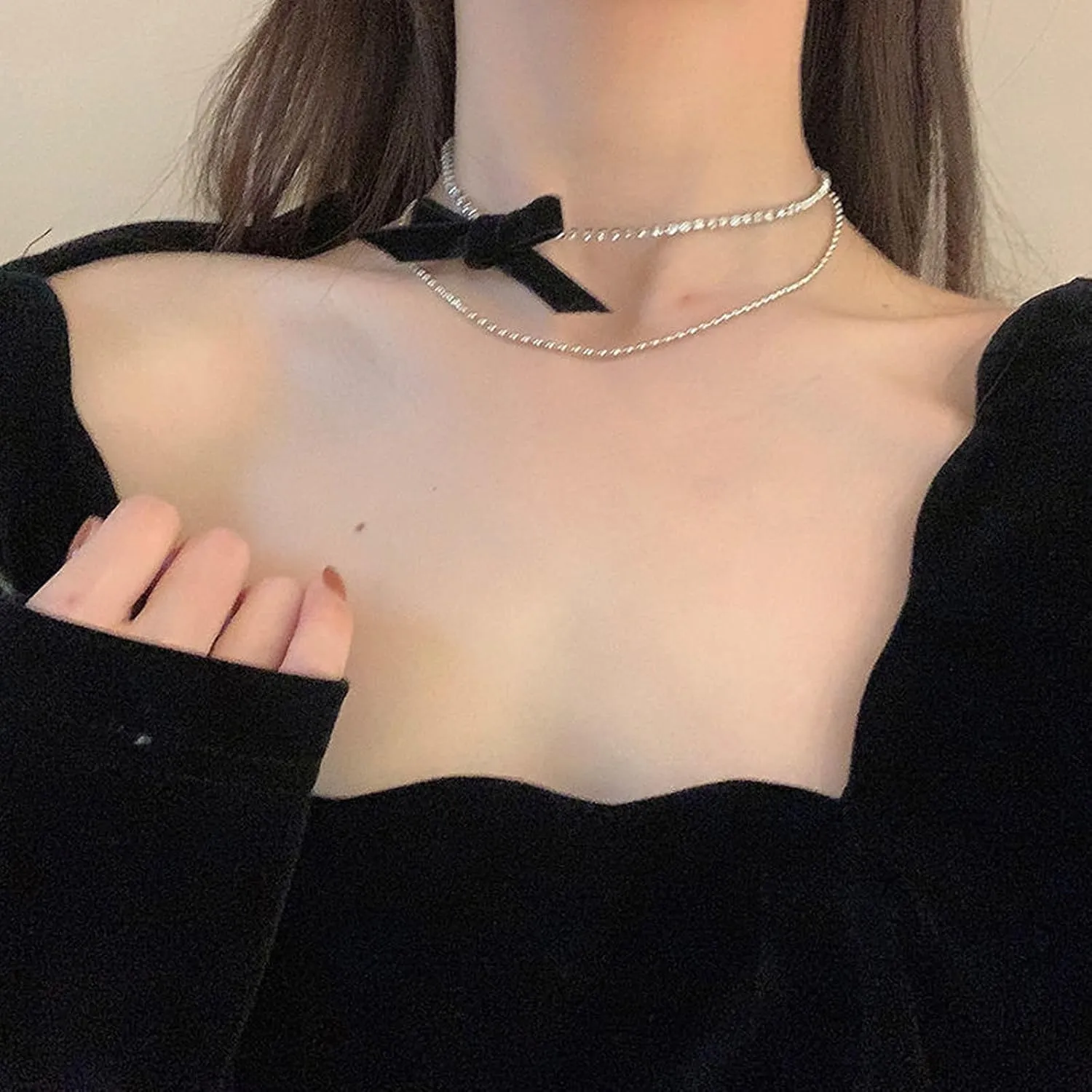 Bow Necklace Pearl Choker Necklace Dainty Silver Necklace Sparkly Rhinestone Necklace Cute Gold Chain Necklace Bowkont Pendant Necklace Birthday Wedding Jewelry Gifts