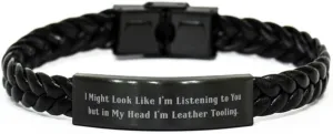 Cheap Leather Tooling Gifts, I Might Look Like I'm Listening to You but in, Fun Holiday Braided Leather Bracelet from Men Women, Handmade Funny Leather Tooling Braided Leather Bracelets,