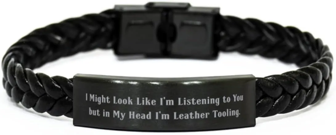Cheap Leather Tooling Gifts, I Might Look Like I'm Listening to You but in, Fun Holiday Braided Leather Bracelet from Men Women, Handmade Funny Leather Tooling Braided Leather Bracelets,