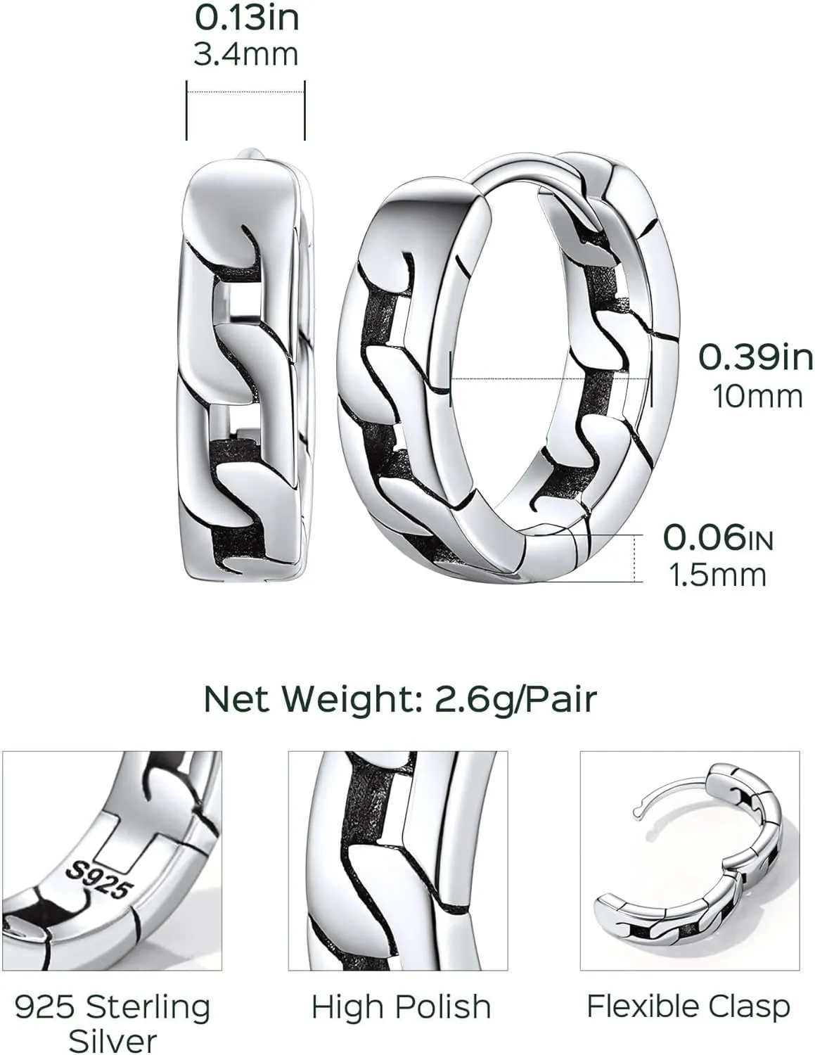 ChicSilver Hoop Earrings Men 925 Sterling Silver Mens Earrings Hypoallergenic Earrings for Men Gift for Dad (With Gift Box)