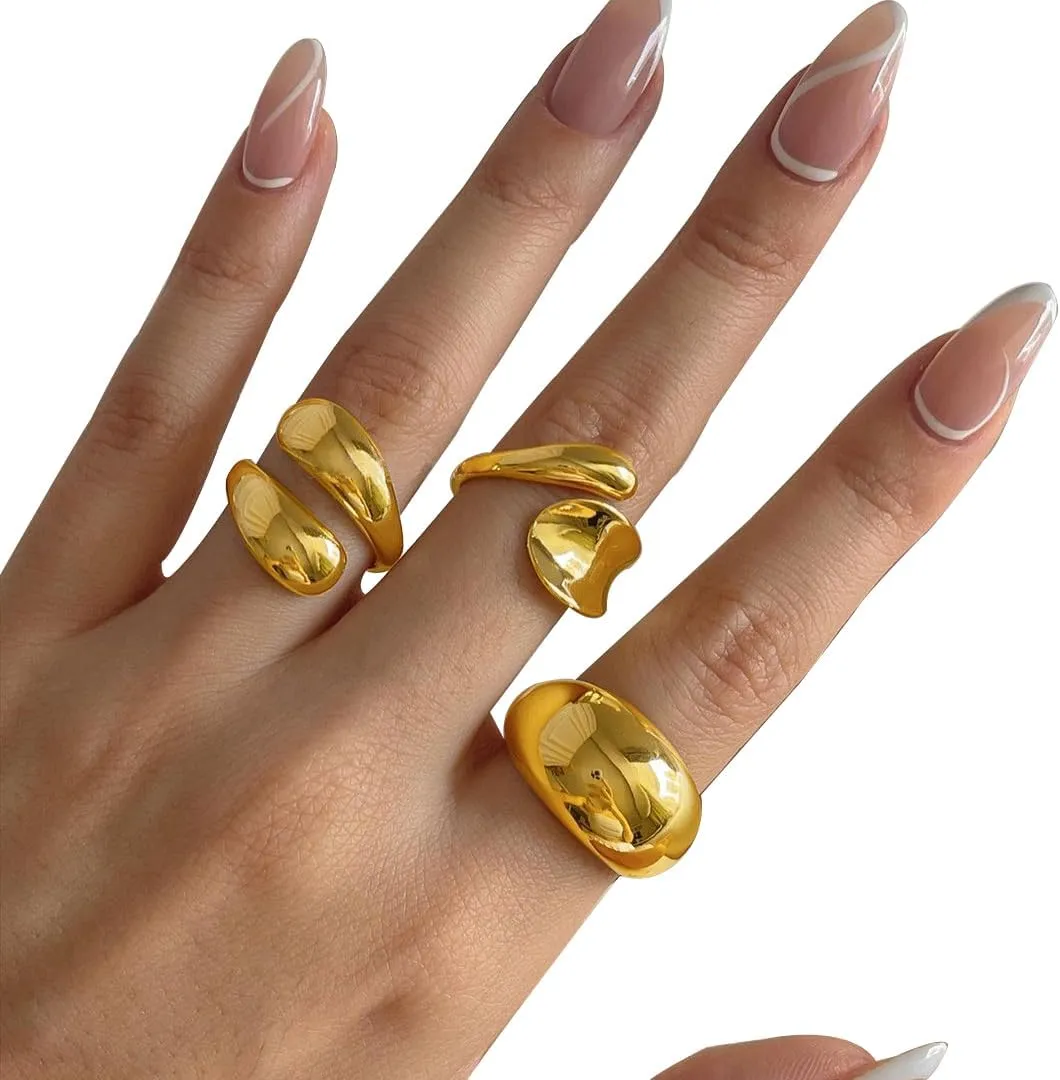 Chunky Gold & Silver Rings Set - Adjustable Thick Statement Rings for Women