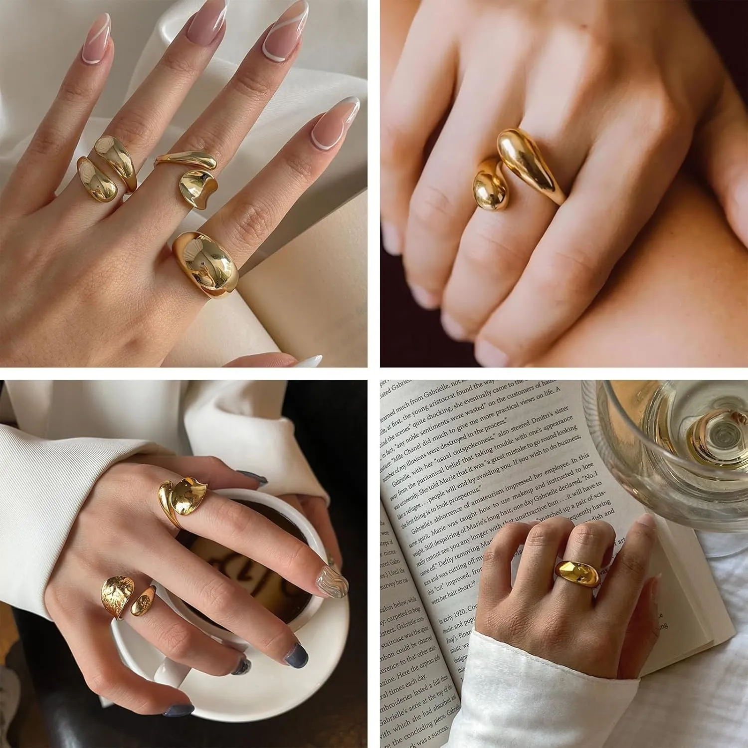 Chunky Gold & Silver Rings Set - Adjustable Thick Statement Rings for Women