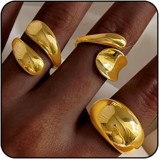 Chunky Gold & Silver Rings Set - Adjustable Thick Statement Rings for Women