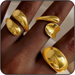 Chunky Gold & Silver Rings Set - Adjustable Thick Statement Rings for Women