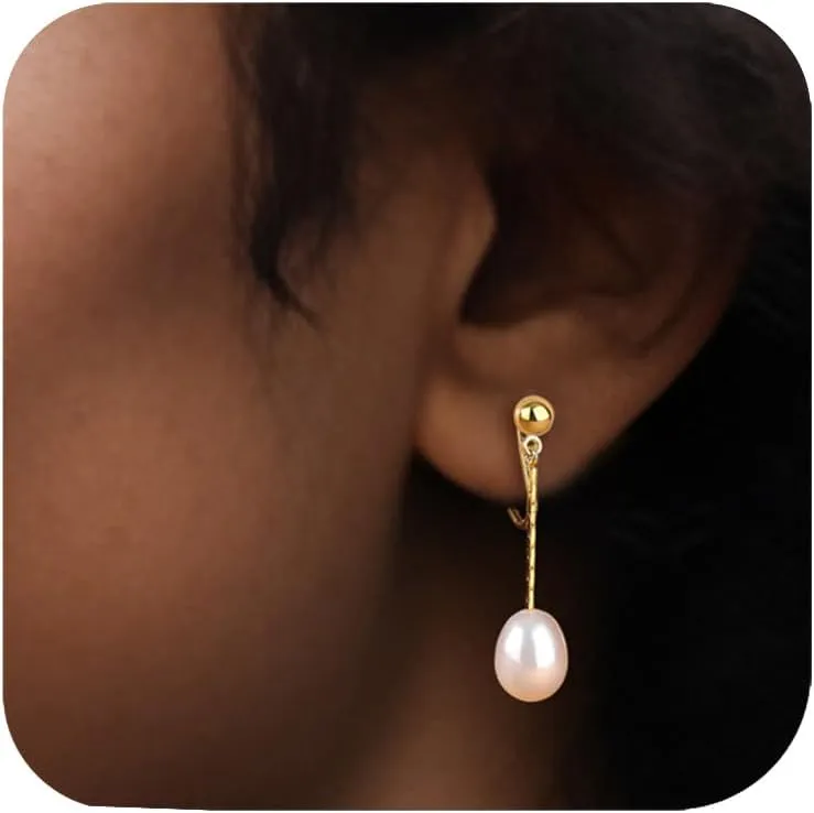 Clip on Earrings for Women Fake Pearl Earrings Dangle Drop No Piercing Earrings 18K Gold Plated Long Tassel Chain Ear Clips Minimalist Wedding Jewelry