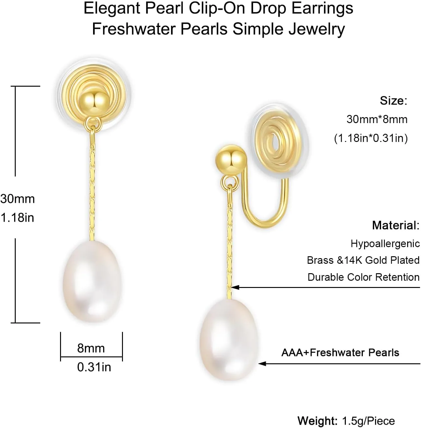 Clip on Earrings for Women Fake Pearl Earrings Dangle Drop No Piercing Earrings 18K Gold Plated Long Tassel Chain Ear Clips Minimalist Wedding Jewelry