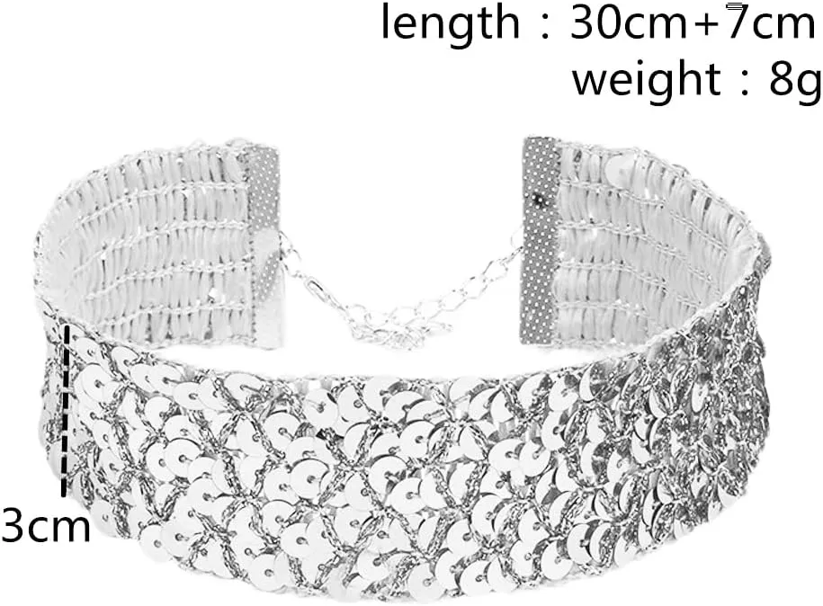 COLORFUL BLING Chunky Wide Sexy Lace Velvet Short Collar Necklace Shiny Thick Rhinestone Metal Sequins Choker Necklace Party Costume Jewelry for Women