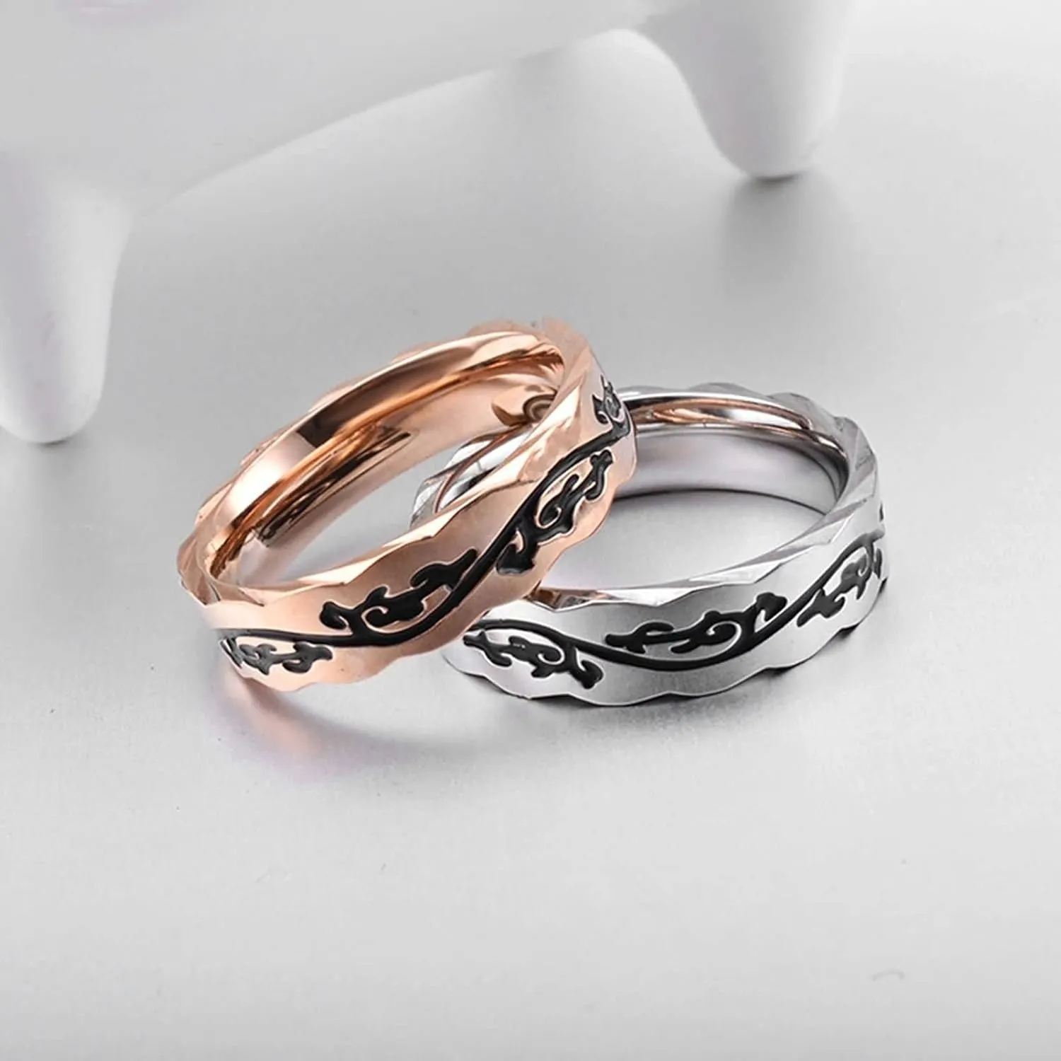 Couple Matching Rings Silver Rose Gold Ring Vintage Pattern, Stainless Steel Couple Rings