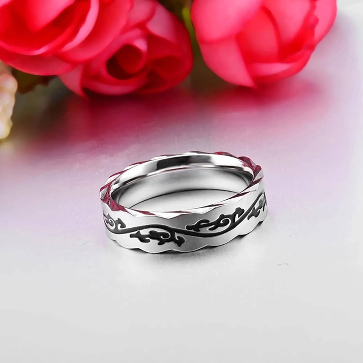 Couple Matching Rings Silver Rose Gold Ring Vintage Pattern, Stainless Steel Couple Rings