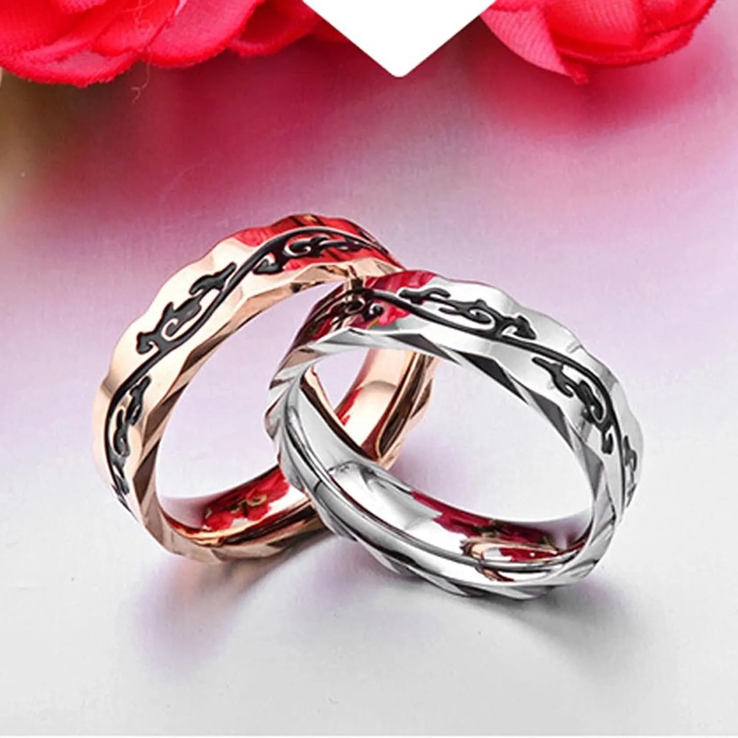 Couple Matching Rings Silver Rose Gold Ring Vintage Pattern, Stainless Steel Couple Rings