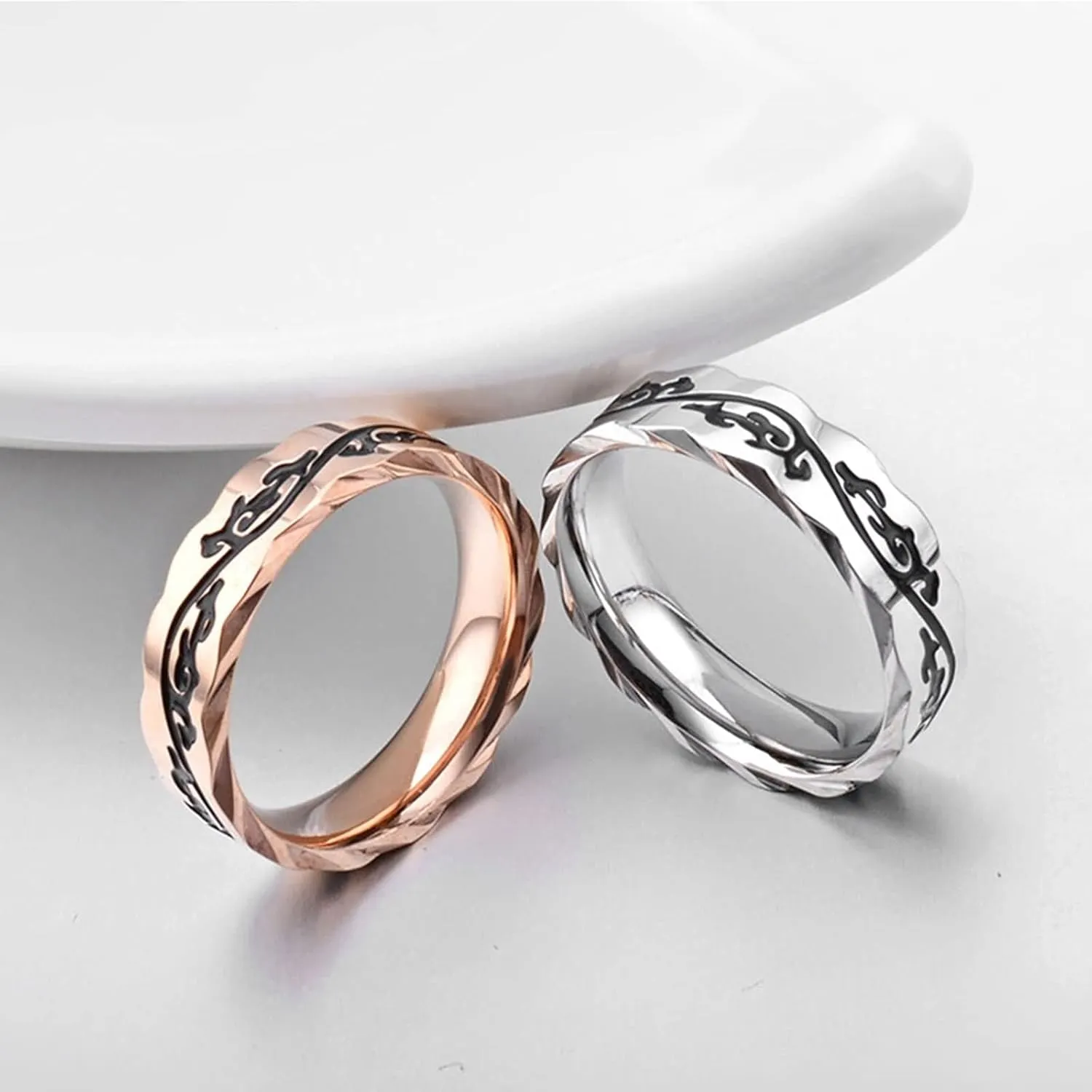 Couple Matching Rings Silver Rose Gold Ring Vintage Pattern, Stainless Steel Couple Rings
