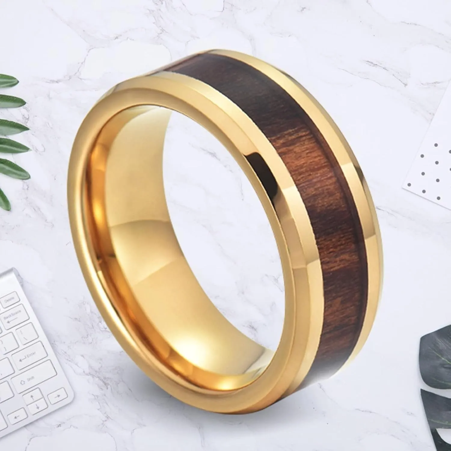Couple Promise Rings, Mens Ring Tungsten Gold 8mm Wooden Ring Beveled Edge Engagement Couple Rings