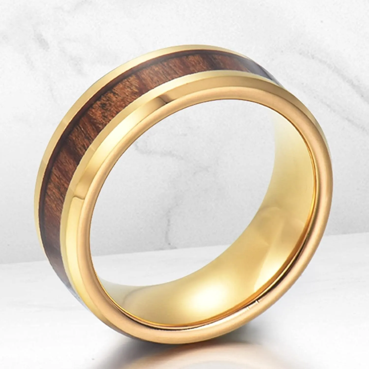 Couple Promise Rings, Mens Ring Tungsten Gold 8mm Wooden Ring Beveled Edge Engagement Couple Rings