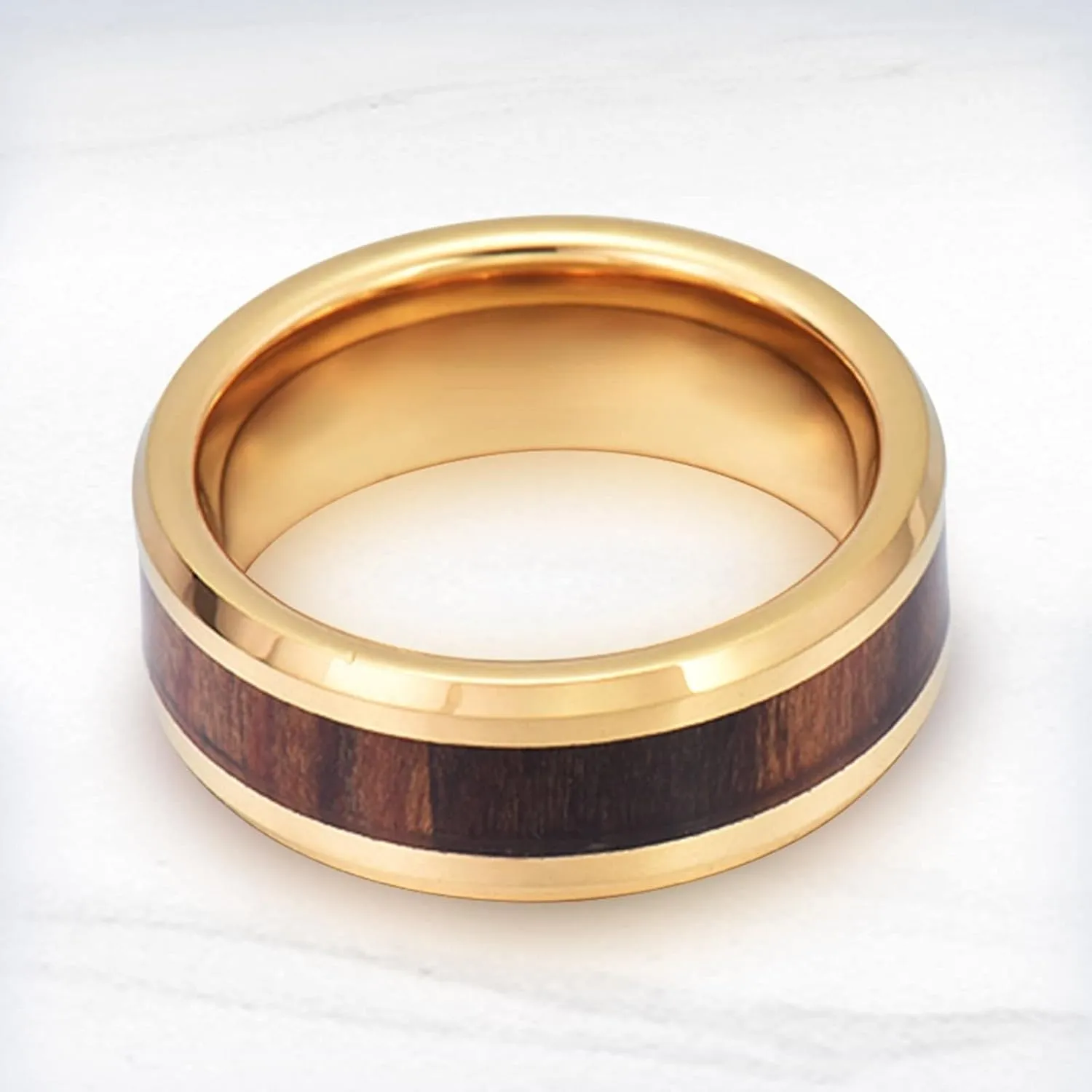 Couple Promise Rings, Mens Ring Tungsten Gold 8mm Wooden Ring Beveled Edge Engagement Couple Rings