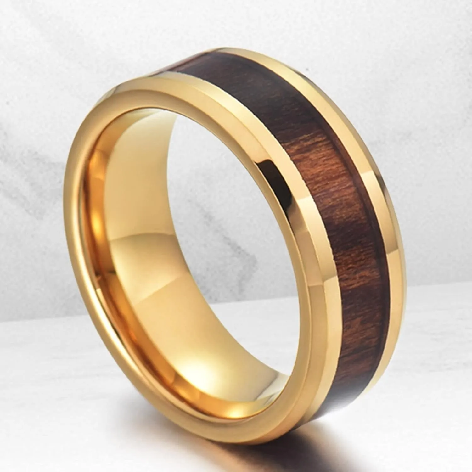 Couple Promise Rings, Mens Ring Tungsten Gold 8mm Wooden Ring Beveled Edge Engagement Couple Rings