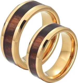 Couple Promise Rings, Mens Ring Tungsten Gold 8mm Wooden Ring Beveled Edge Engagement Couple Rings
