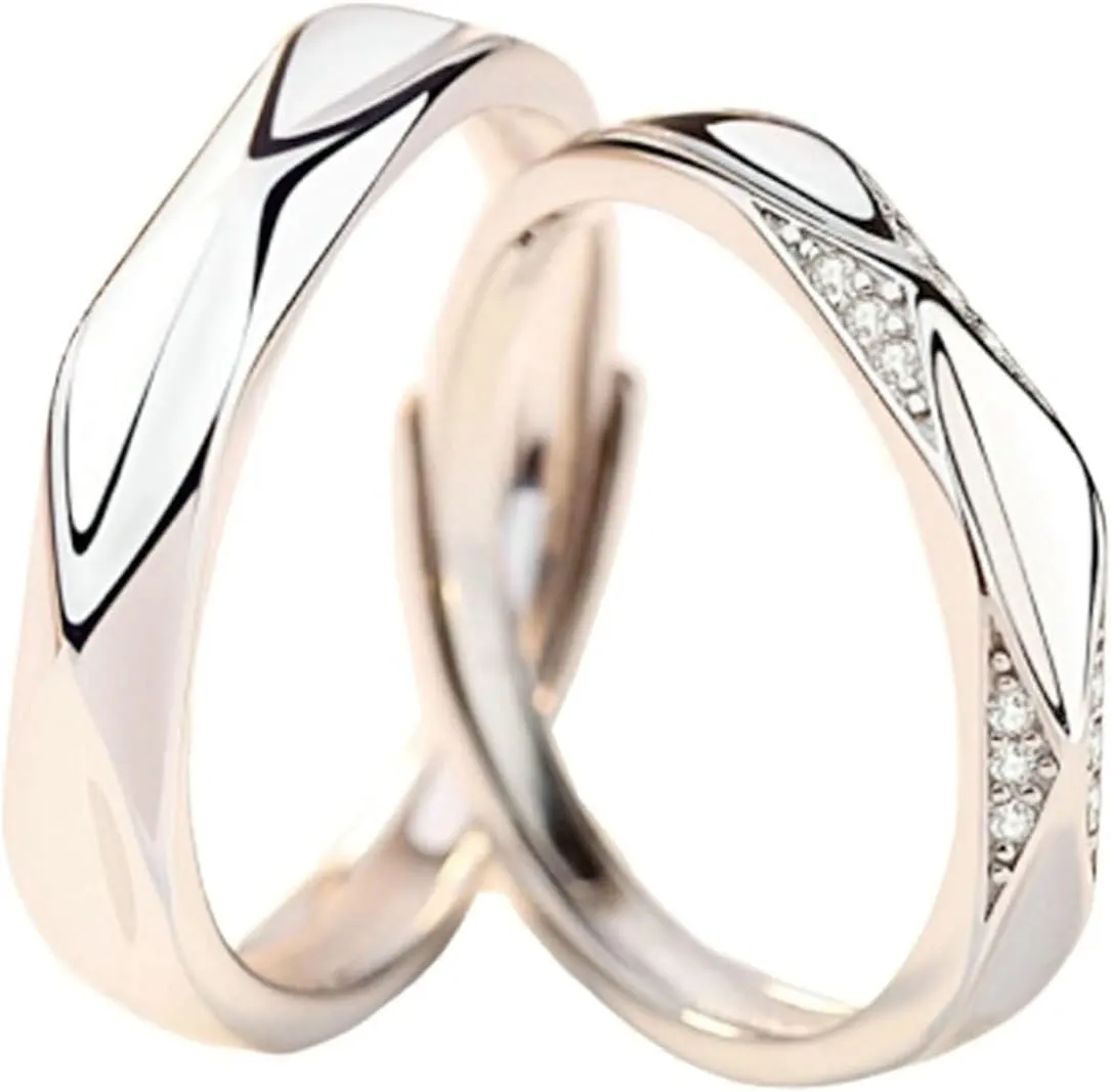Couple Ring Free Engrave Wedding Rings Couple,Couple Wedding Bands Sterling Silver Adjustable,Round with Cubic Zirconia Rings for Silver