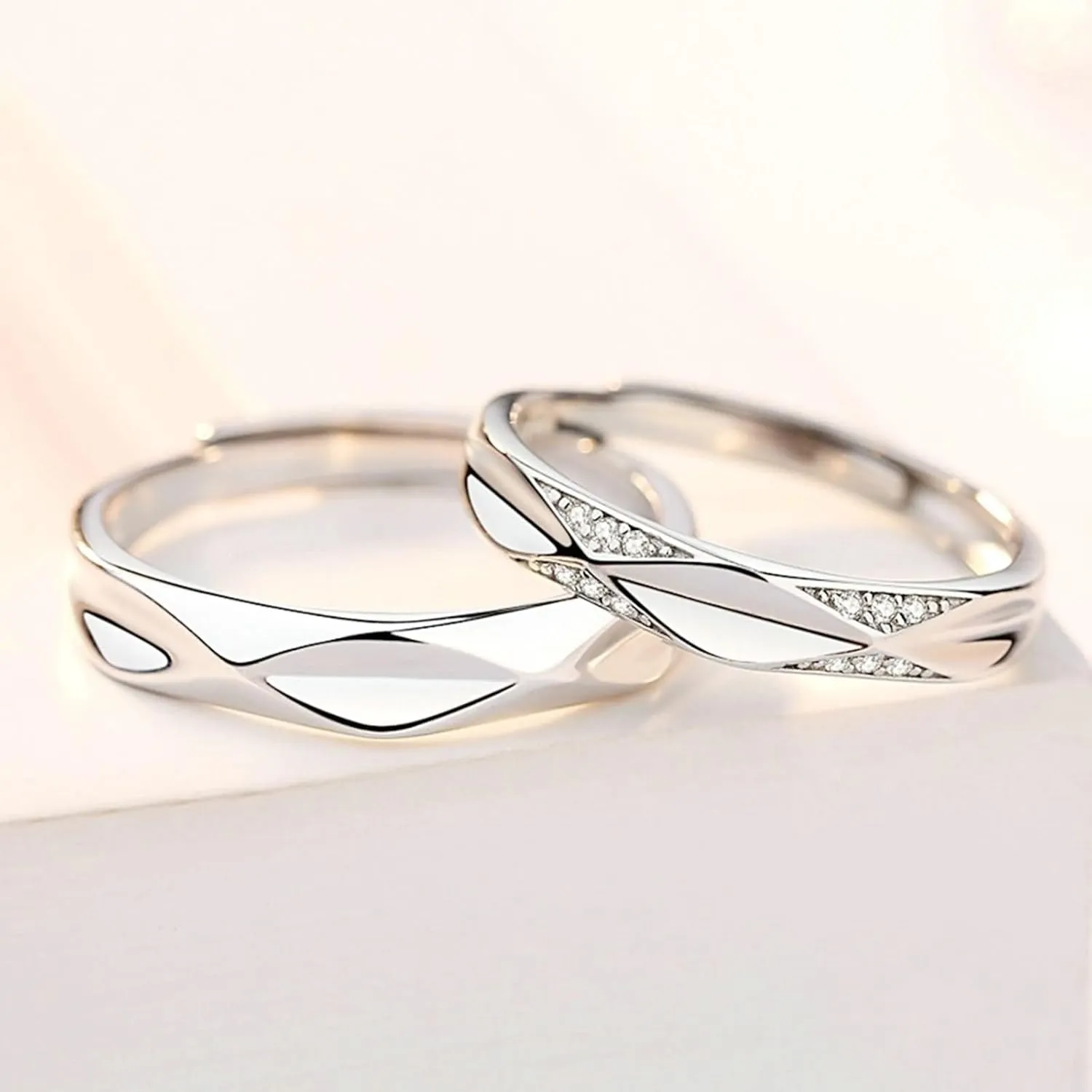 Couple Ring Free Engrave Wedding Rings Couple,Couple Wedding Bands Sterling Silver Adjustable,Round with Cubic Zirconia Rings for Silver