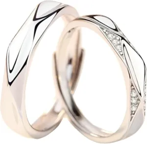 Couple Ring Free Engrave Wedding Rings Couple,Couple Wedding Bands Sterling Silver Adjustable,Round with Cubic Zirconia Rings for Silver