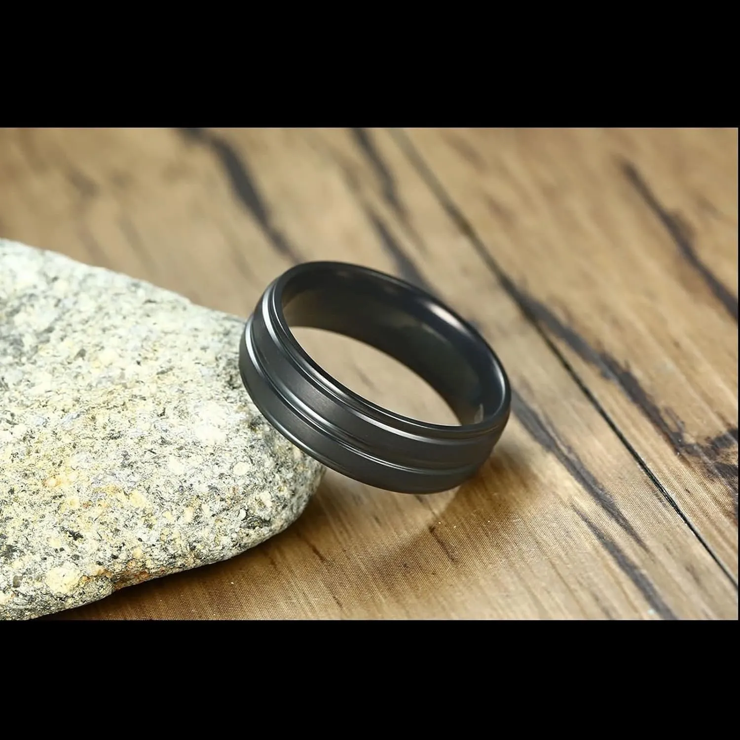 Couple Rings Engravable Couple Wedding Ring,Stainless Steel Promise Rings 8MM Black Ring with Brushed Round Couple Ring Engagement