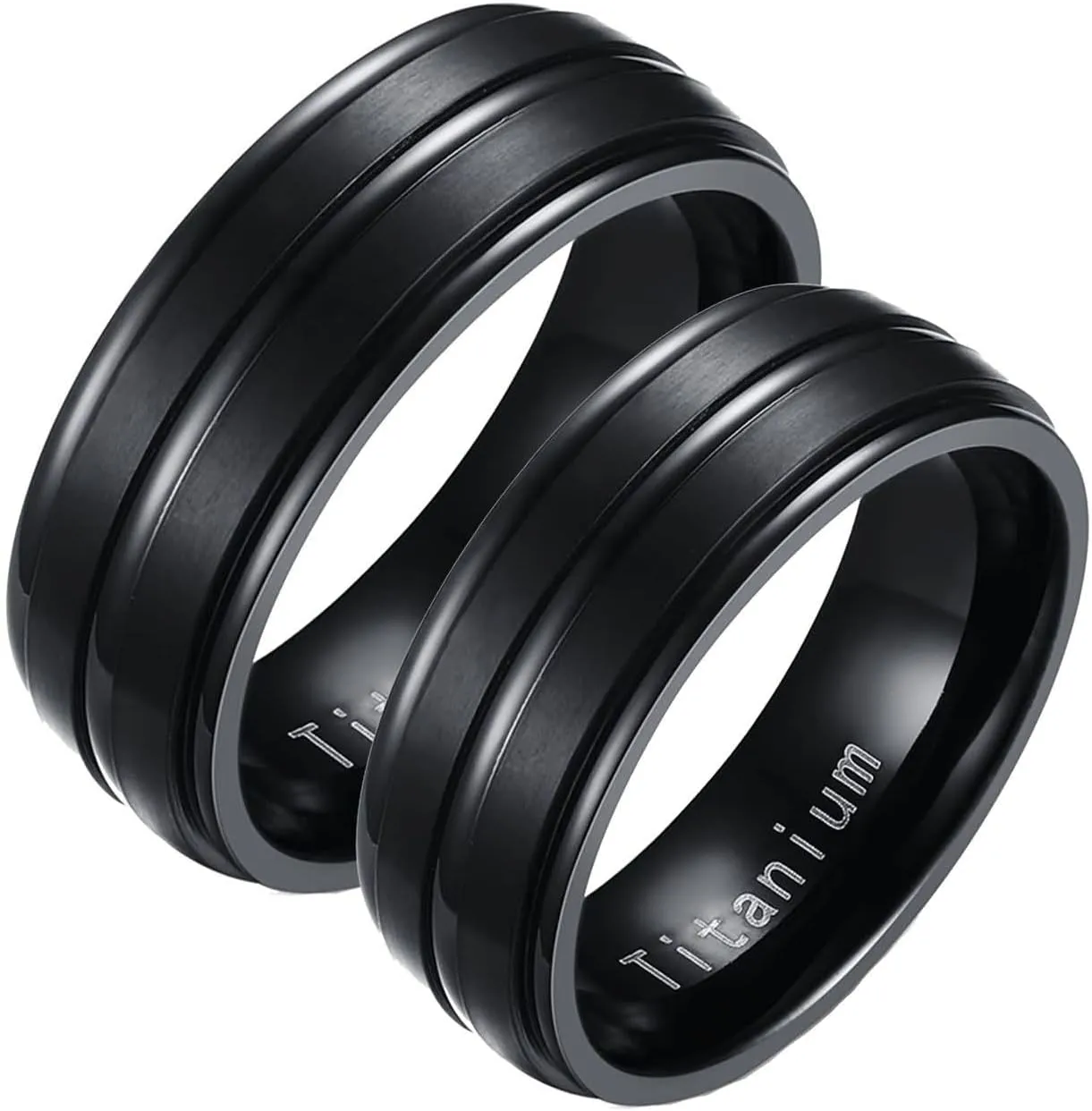 Couple Rings Engravable Couple Wedding Ring,Stainless Steel Promise Rings 8MM Black Ring with Brushed Round Couple Ring Engagement