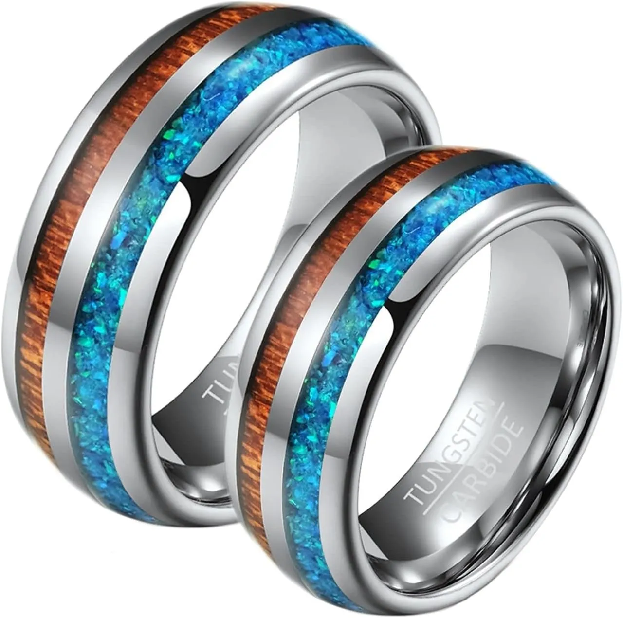 Couple Rings Engravable Engagement Rings Couple,Tungsten Rings Wedding 8MM Silver Brown Ring with Wood Grain Rings Couples