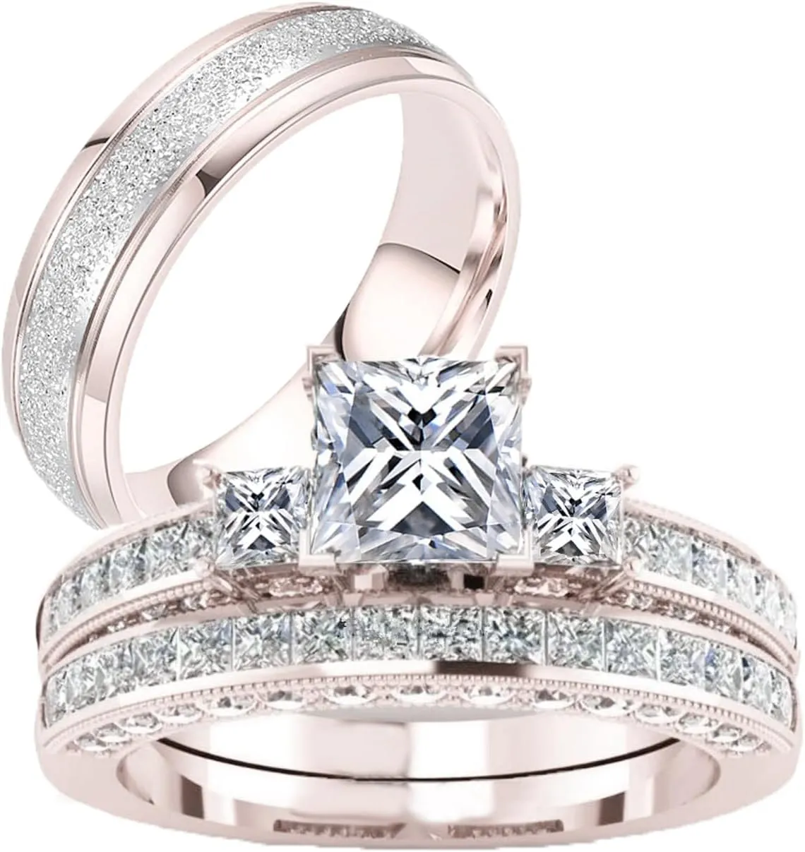 Couple Rings Sets for Him and Her Sterling Silver 10K 14K 18K Gold Personalized 3Pcs Moissanite Wedding Engagement Ring Wedding Band for Men Women Matching Promise Rings for Couples