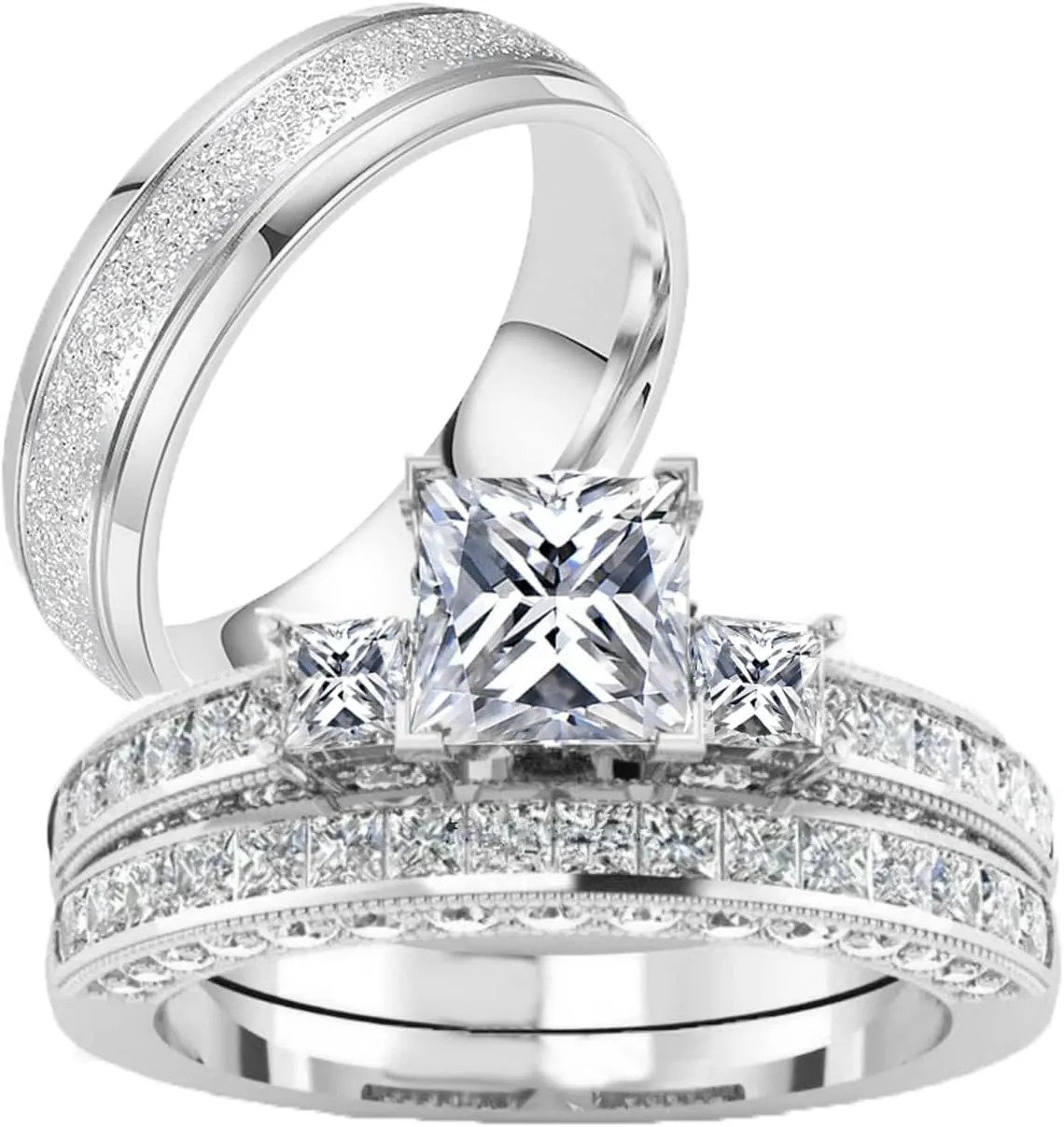 Couple Rings Sets for Him and Her Sterling Silver 10K 14K 18K Gold Personalized 3Pcs Moissanite Wedding Engagement Ring Wedding Band for Men Women Matching Promise Rings for Couples