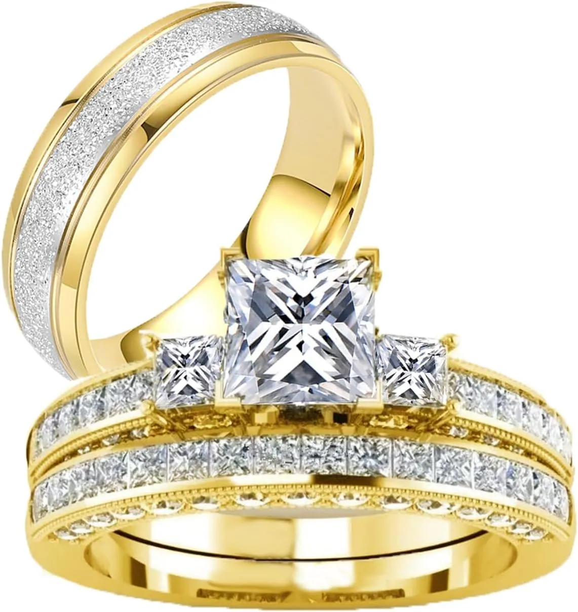 Couple Rings Sets for Him and Her Sterling Silver 10K 14K 18K Gold Personalized 3Pcs Moissanite Wedding Engagement Ring Wedding Band for Men Women Matching Promise Rings for Couples