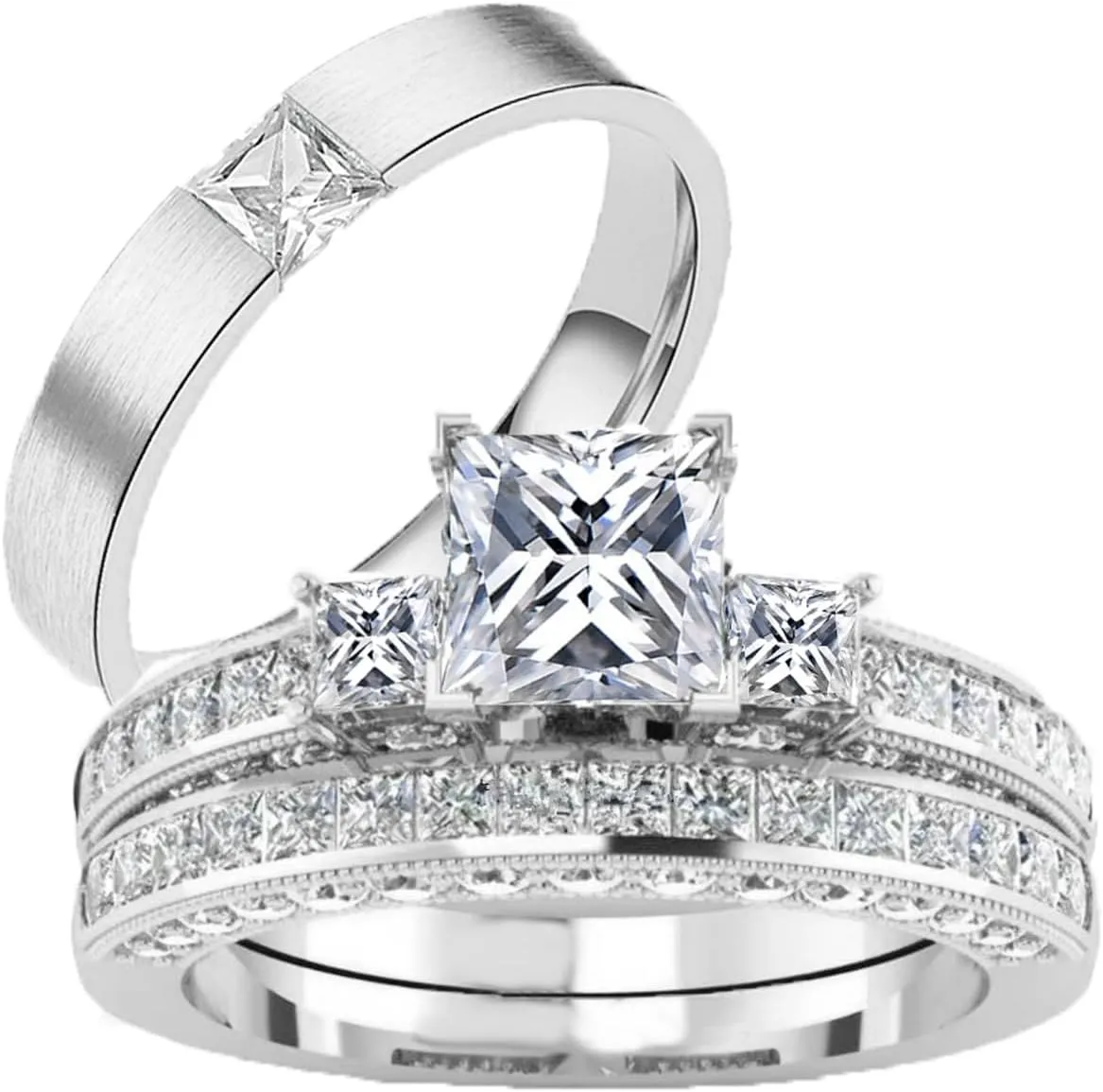 Couple Rings Sets for Him and Her Sterling Silver 10K 14K 18K Gold Personalized 3Pcs Moissanite Wedding Engagement Ring Wedding Band for Men Women Matching Promise Rings for Couples