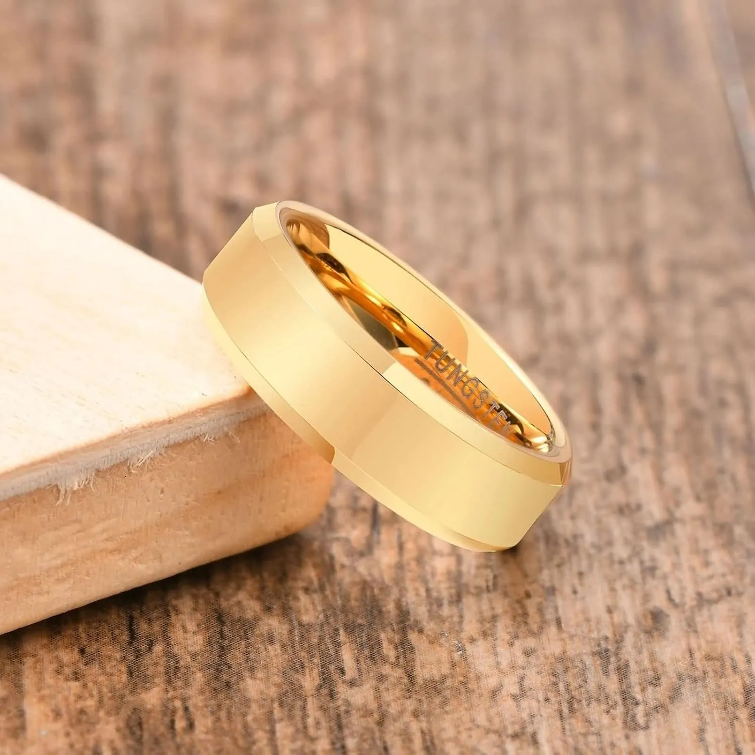 Couples Engagement Rings Set, Gold Tungsten Ring 6mm Ring Beveled Edge Valentine's Day Couple Rings