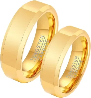 Couples Engagement Rings Set, Gold Tungsten Ring 6mm Ring Beveled Edge Valentine's Day Couple Rings