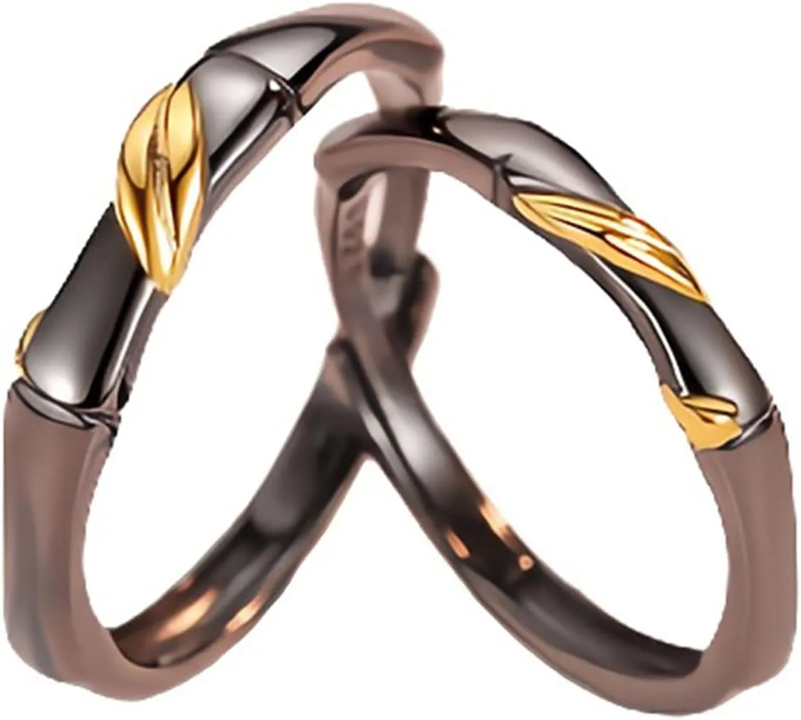 Couples Rings Promise Rings Set, Couples Jewelry for Him and Her Rings Personalized Adjustable 925 Sterling Silver Black Bamboo Ring